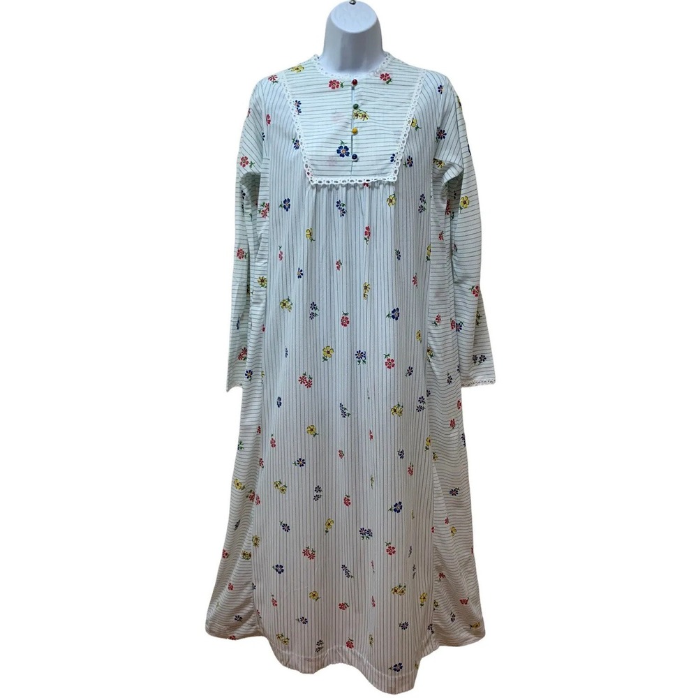 Vintage Character Brushed Nylon Long Retro Floral Print Nightgown S USA NOS